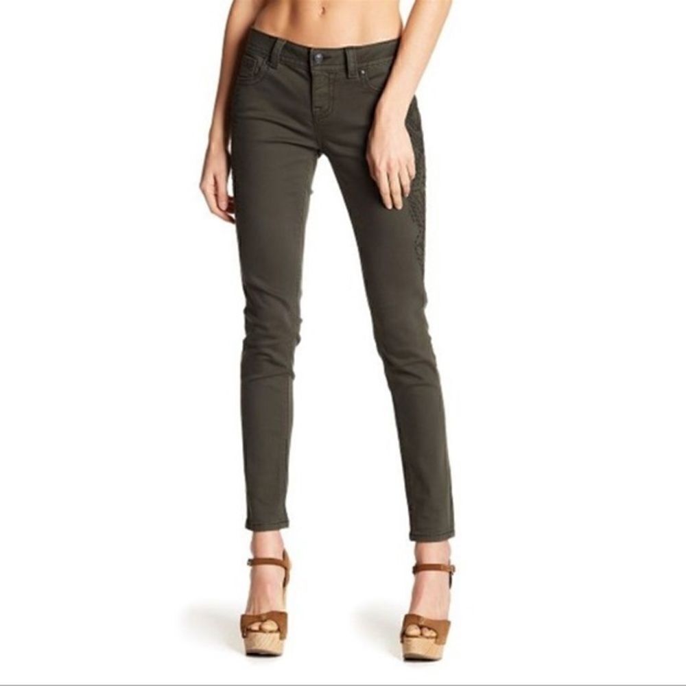 Miss Me Embroidered Skinny Jeans Dark Olive Green Size 24
